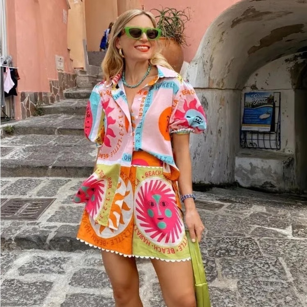 Commense sun seeker shorts high waisted colorful tropical beach print scalloped